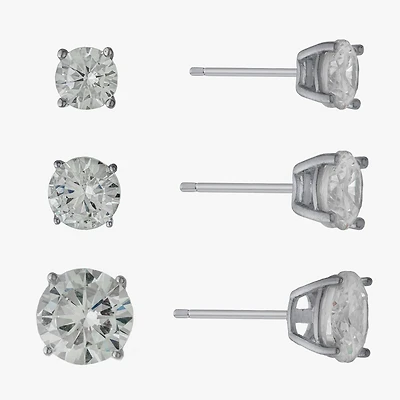 Silver Treasures Womens Cubic Zirconia Sterling Silver Round 3 Pair Earring Set