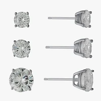 Silver Treasures Womens Cubic Zirconia Sterling Silver Round 3 Pair Earring Set