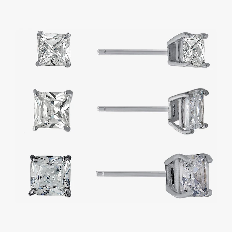 Silver Treasures Womens Cubic Zirconia Sterling Silver Square Pair Earring Set