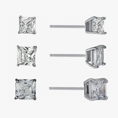 Silver Treasures Womens Cubic Zirconia Sterling Silver Square Pair Earring Set