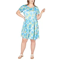 Larky Lark Womens Plus Round Neck Short Sleeve Floral Shift Dress