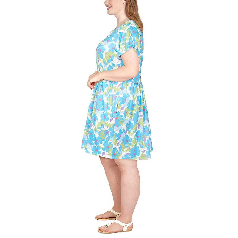 Larky Lark Womens Plus Round Neck Short Sleeve Floral Shift Dress
