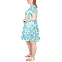 Larky Lark Womens Plus Round Neck Short Sleeve Floral Shift Dress