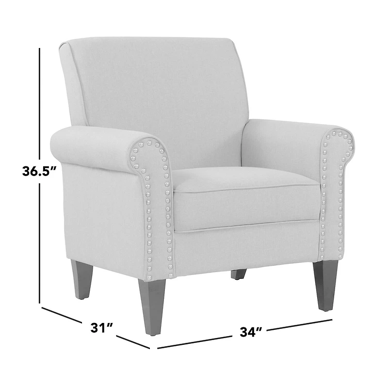 Jean Traditional Rolled Arm Accent Chair with Pewter Nailheads in Linen