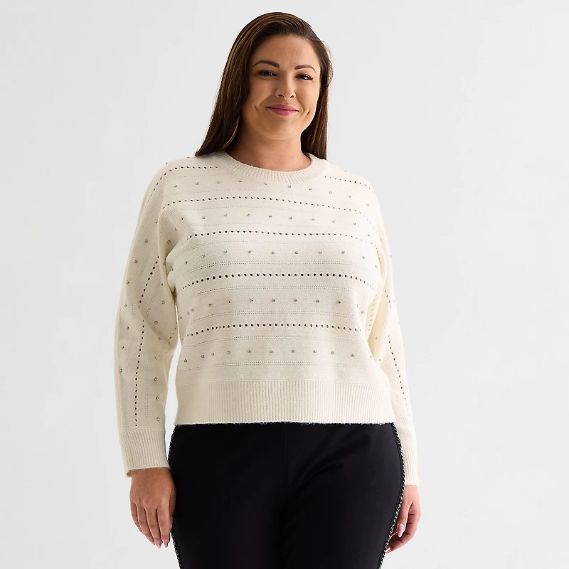 Liz Claiborne Plus Womens Crew Neck Long Sleeve Pullover Sweater