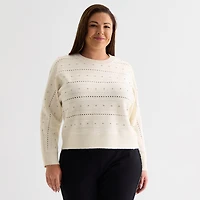 Liz Claiborne Plus Womens Crew Neck Long Sleeve Pullover Sweater