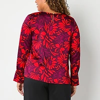 Liz Claiborne Womens Round Neck Long Sleeve Satin Blouse