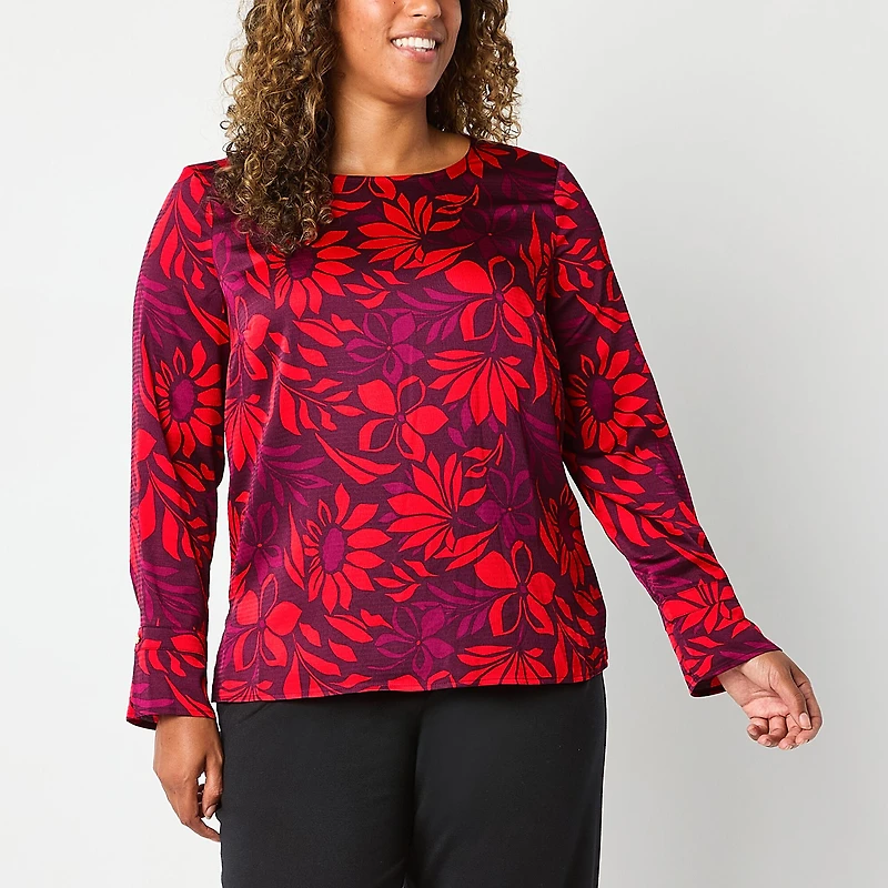 Liz Claiborne Womens Round Neck Long Sleeve Satin Blouse