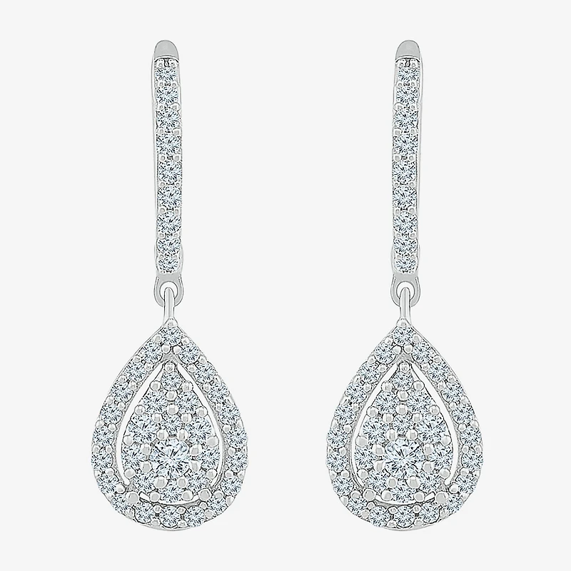 Womens 3/4 CT. T.W. Natural White Diamond 10K Gold 26.3mm Pear Hoop Earrings