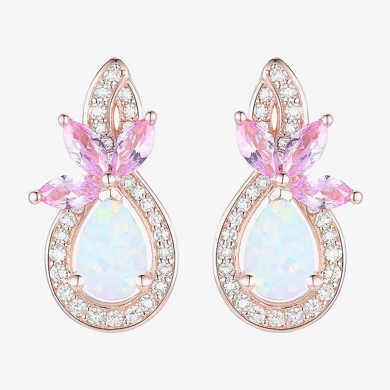 Womens Lab Created White Opal 14K Rose Gold Over Silver Pear Drop Earrings