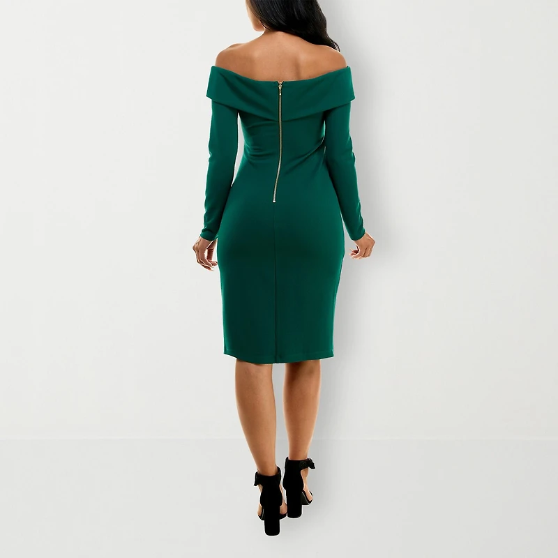 Premier Amour Womens Midi Straight Neck Long Sleeve Sheath Dress