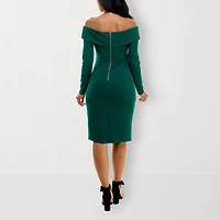 Premier Amour Womens Midi Straight Neck Long Sleeve Sheath Dress