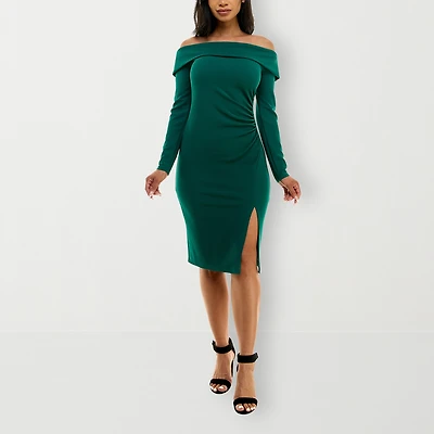 Premier Amour Womens Midi Straight Neck Long Sleeve Sheath Dress
