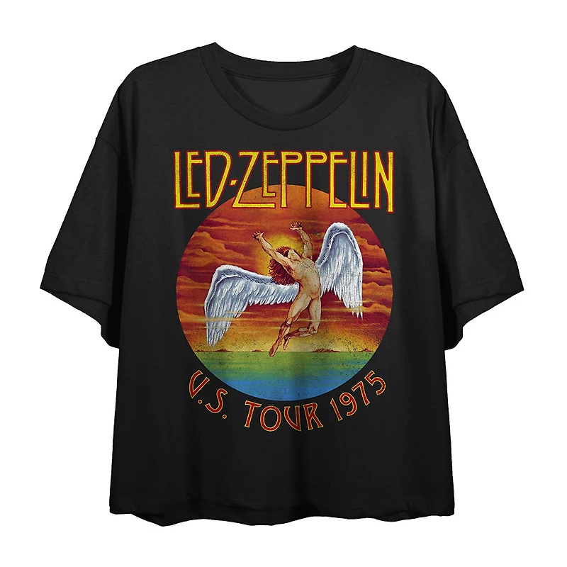 Led Zeppelin U.S.Tour 1975 Cropped Tee Womens Juniors Crew Neck Short Sleeve Loose Fit Graphic T-Shirt