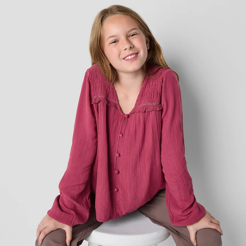 Thereabouts Little & Big Kid Girls V Neck Long Sleeve Blouse