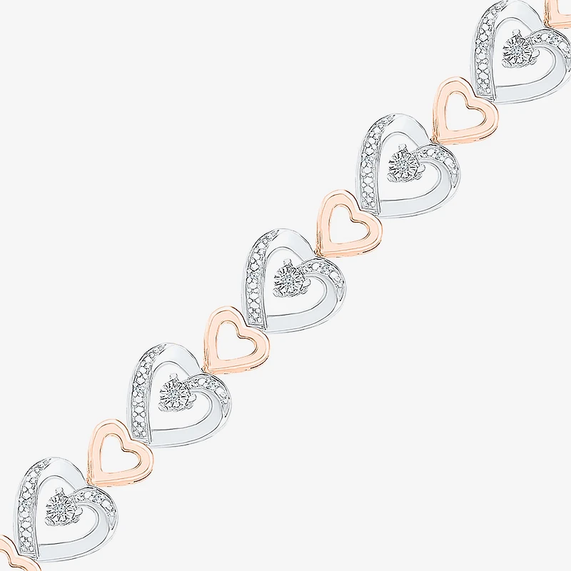 Womens 1/10 CT. T.W. Natural White Diamond 14K Rose Gold Over Silver Heart 7.25 Inch Tennis Bracelet