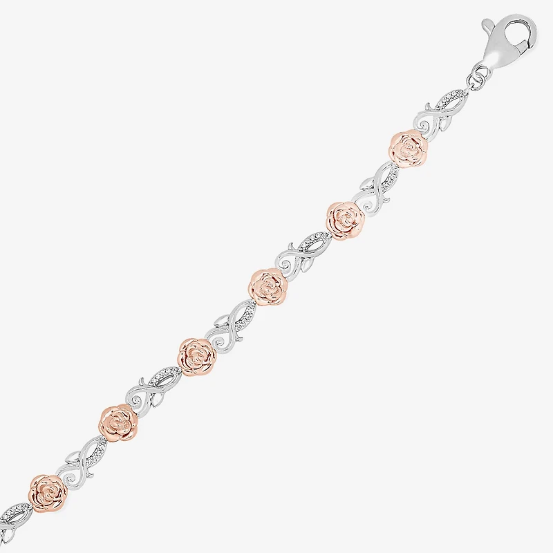 Enchanted Disney Fine Jewelry Womens 1/10 CT. T.W. Natural White Diamond 14K Rose Gold Over Silver Sterling Silver Beauty and the Beast Belle Princess Charm Bracelet