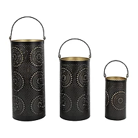 Set of 3 Black and Gold Decorative Floral Cut-Out Pillar Candle Lanterns 12.5"