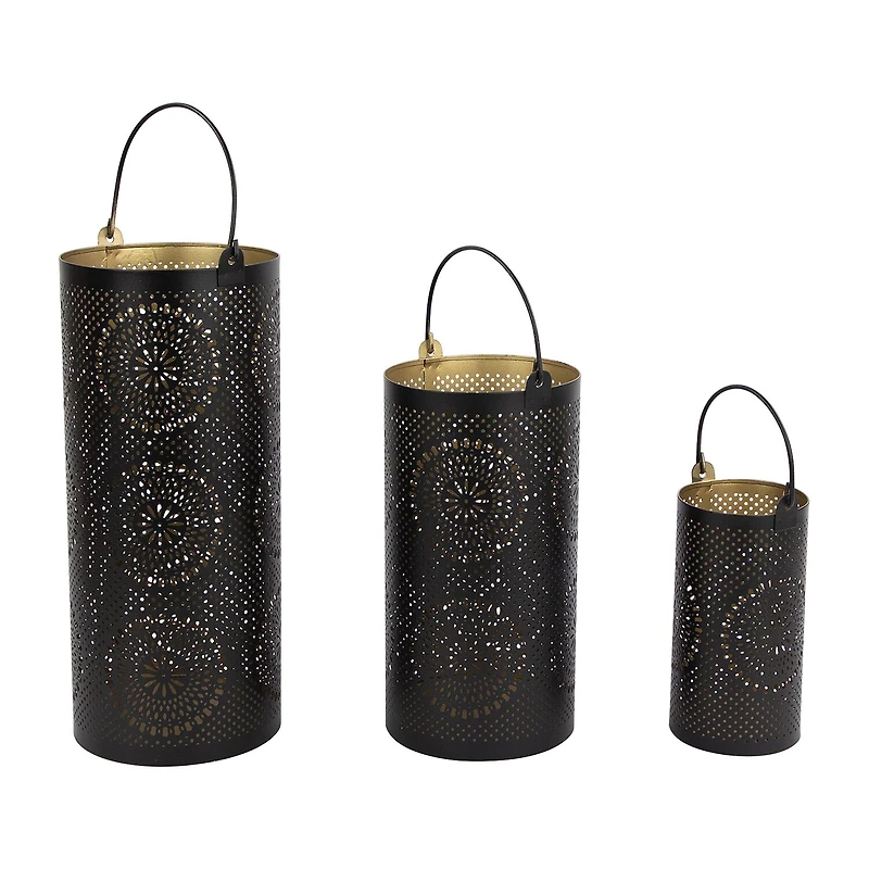 Set of 3 Black and Gold Decorative Floral Cut-Out Pillar Candle Lanterns 12.5"