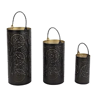 Set of 3 Black and Gold Decorative Floral Cut-Out Pillar Candle Lanterns 12.5"