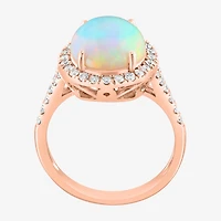 Effy Final Call Womens Genuine White Opal 14K Rose Gold Over Silver Sterling Oval Halo Side Stone Cocktail Ring