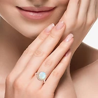Effy Final Call Womens Genuine White Opal 14K Rose Gold Over Silver Sterling Oval Halo Side Stone Cocktail Ring