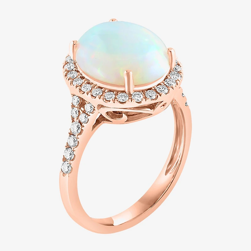 Effy Final Call Womens Genuine White Opal 14K Rose Gold Over Silver Sterling Oval Halo Side Stone Cocktail Ring