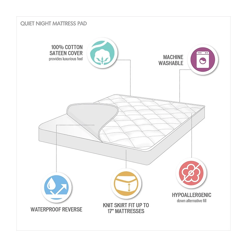 Madison Park Quiet Nights 100% Cotton Sateen Waterproof Diamond Quilting Down Alternative Mattress Pad