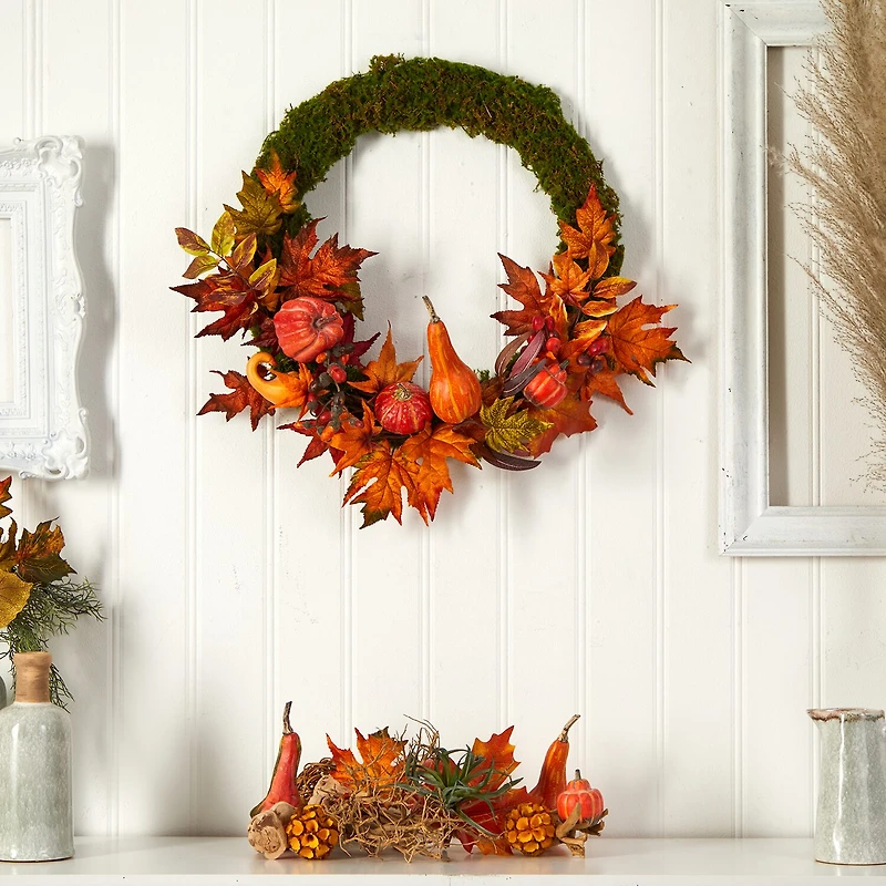 Nearly Natural Faux Pumpkin Gourd & Maple Leaf Wreath