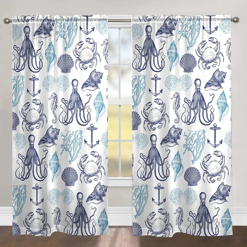 Laural Home Navy Coastal Creatures Rod Pocket Sheer Single Curtain Panel