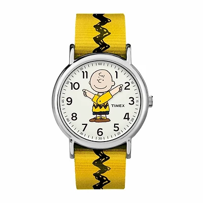 Timex Timex Peanuts Weekender Mens Yellow Strap Watch Tw2r41100jt Peanuts Mens Yellow Strap Watch Tw2r41100jt