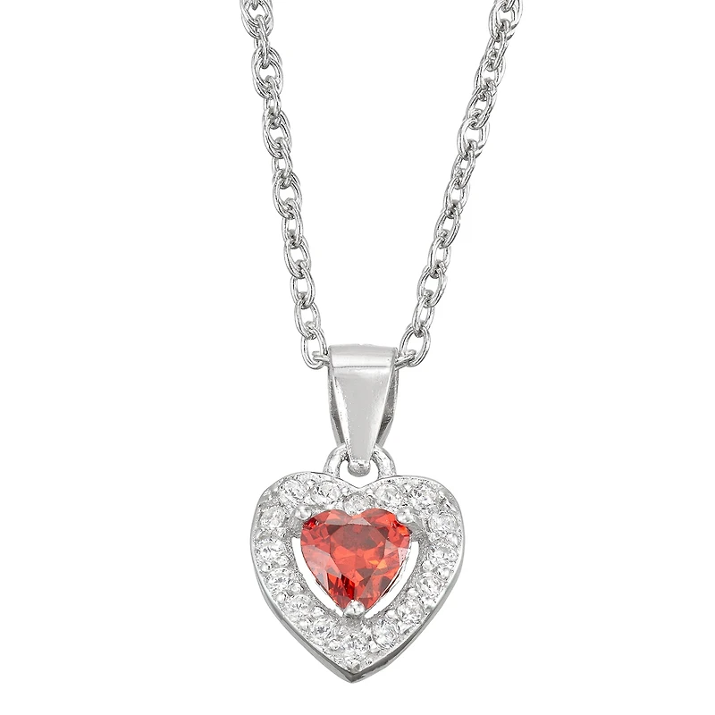 Girls Cubic Zirconia Sterling Silver Heart 15 Inch Pendant Necklace