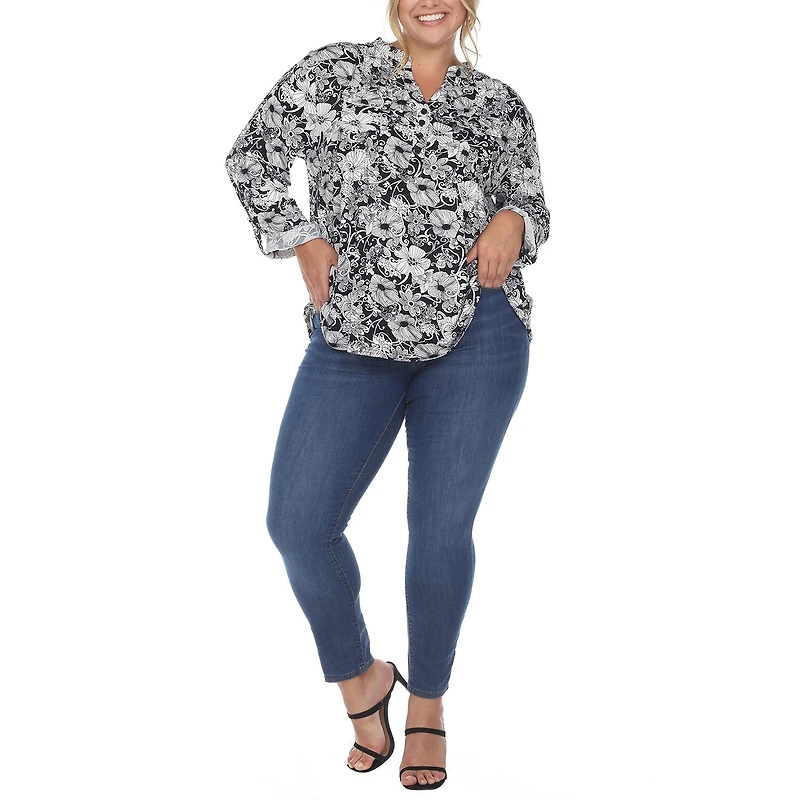 White Mark Womens Split Crew Neck Long Sleeve Tunic Top