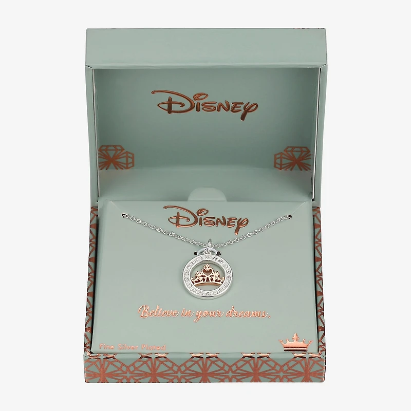 Disney Classics Womens Crystal Pure Silver Over Brass Crown 18 Inch Pendant Necklace