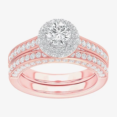 G-H / Si1-Si2) Womens / CT. T.W. Lab Grown White Diamond 14K Gold Round Side Stone Halo Bridal Set