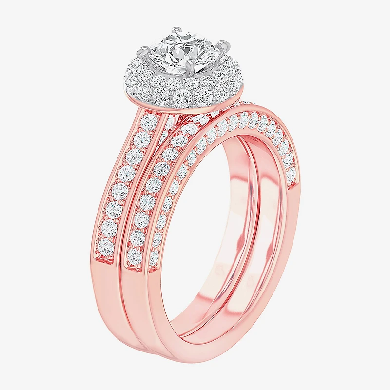G-H / Si1-Si2) Womens / CT. T.W. Lab Grown White Diamond 14K Gold Round Side Stone Halo Bridal Set