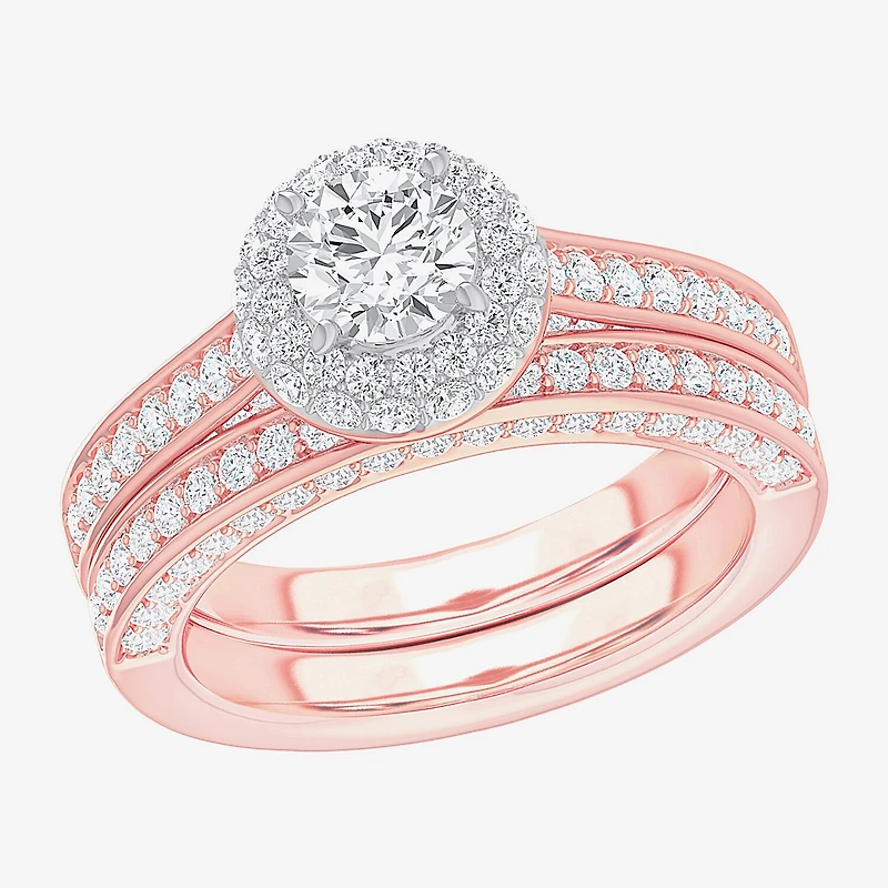 G-H / Si1-Si2) Womens / CT. T.W. Lab Grown White Diamond 14K Gold Round Side Stone Halo Bridal Set