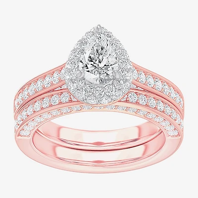 (G-H / Si1-Si2) Womens 1 7/8 CT. T.W. Lab Grown White Diamond 14K Gold Pear Side Stone Halo Engagement Ring