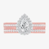 (G-H / Si1-Si2) Womens 1 7/8 CT. T.W. Lab Grown White Diamond 14K Gold Pear Side Stone Halo Engagement Ring