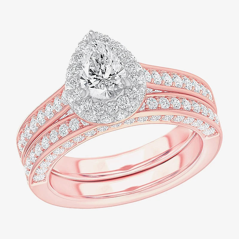 (G-H / Si1-Si2) Womens 1 7/8 CT. T.W. Lab Grown White Diamond 14K Gold Pear Side Stone Halo Engagement Ring