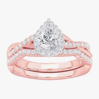 G-H / Si1-Si2) Womens / CT. T.W. Lab Grown White Diamond 14K Gold Pear Side Stone Halo Bridal Set