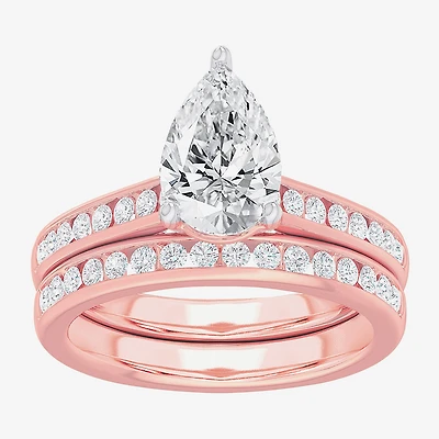 (G-H / Si1-Si2) Womens 3 CT. T.W. Lab Grown White Diamond 14K Gold Pear Side Stone Bridal Set