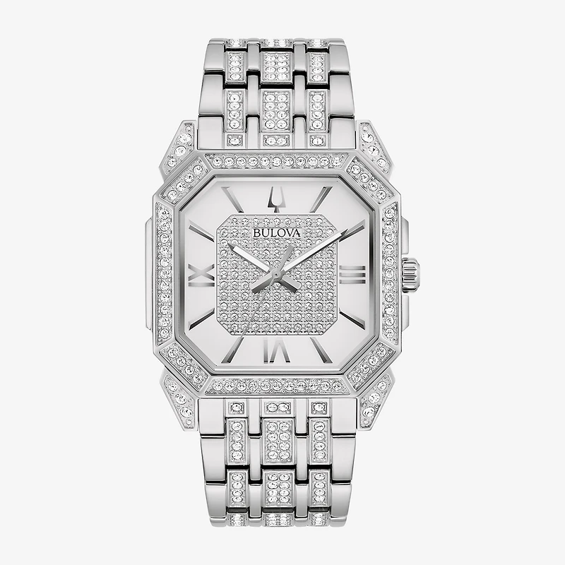 Bulova Octava Mens Crystal Accent Silver Tone Stainless Steel Bracelet Watch 96a285