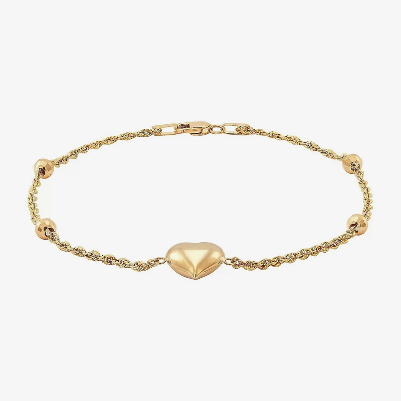 Womens 10K Gold Hollow Heart 7.5 Inch Link Bracelet