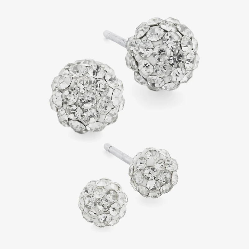 Silver Treasures Womens Crystal Sterling Silver Ball 2 Pair Earring Set