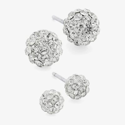 Silver Treasures Womens Crystal Sterling Silver Ball 2 Pair Earring Set