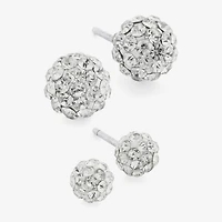 Silver Treasures Womens Crystal Sterling Silver Ball 2 Pair Earring Set