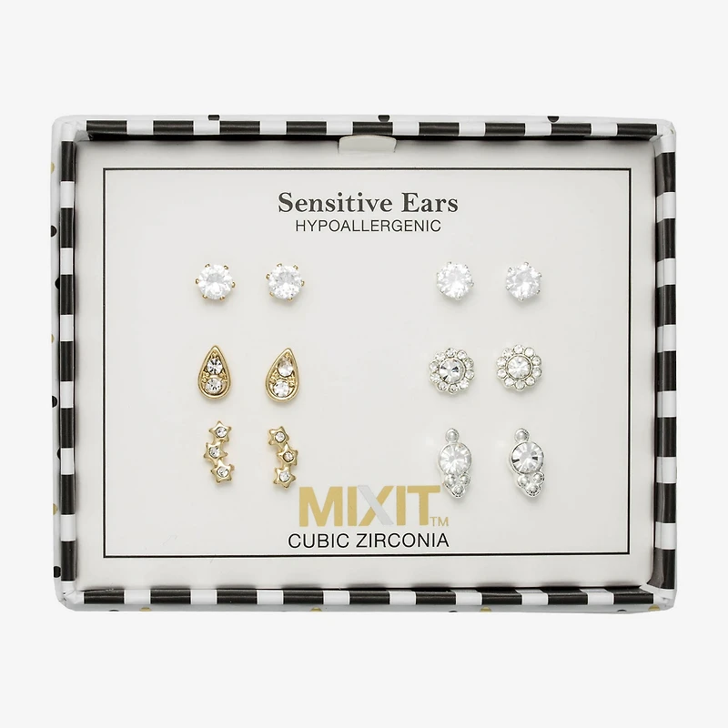 Mixit Womens Cubic Zirconia Flower Star Hypoallergenic 6 Pair Earring Set
