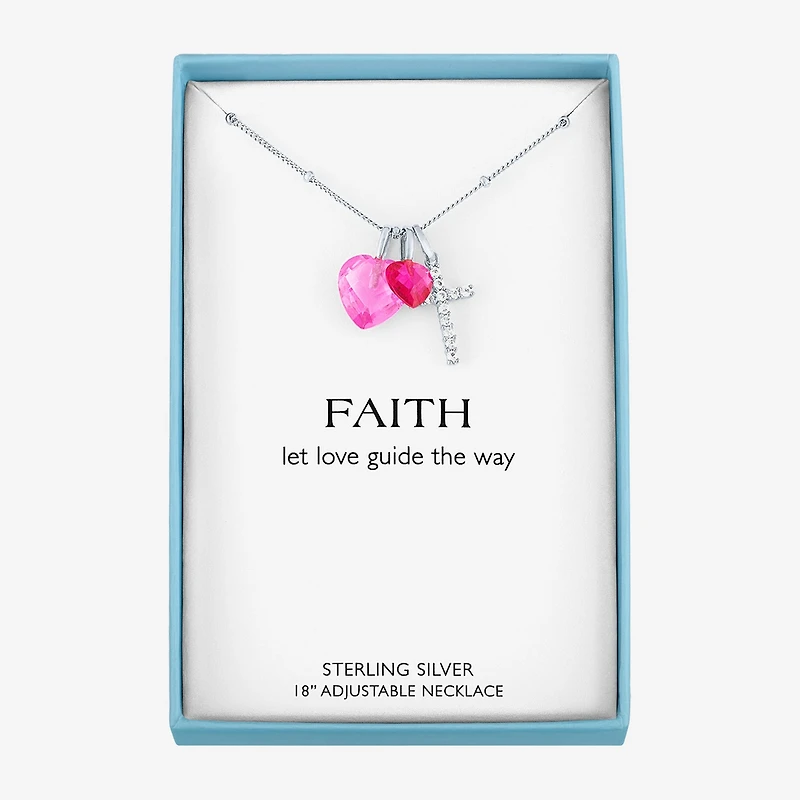 Womens Lab Created Pink Sapphire Sterling Silver Cross Heart 18 Inch Pendant Necklace