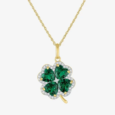 Womens Lab Created Green Emerald 14K Gold Over Silver Clover 16 Inch Pendant Necklace